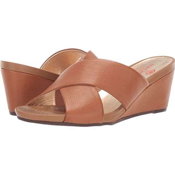 Marc Joseph Brown Leather Beach Slip On Mule Wedge Open toe Heeled Sansals Pumps - Picture 1 of 7